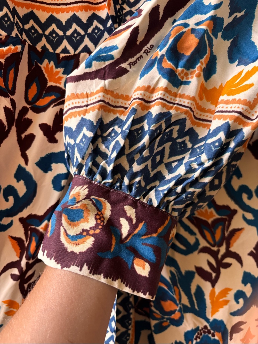 FARM Rio Long Sleeve Floral Print Dress in Blue, Brown, Orange, Cream - Picture 10 of 15